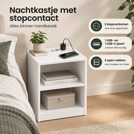 Wit nachtkastje van BukkitBow met stopcontact, USB en USB-C, twee open vakken voor praktische opbergruimte.