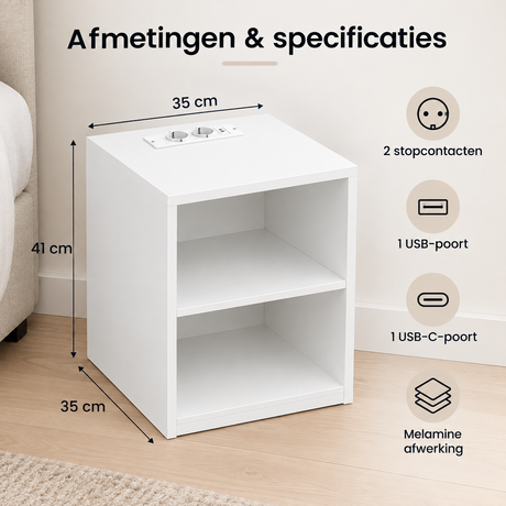 Wit nachtkastje met stopcontact, USB en USB-C, twee open vakken, van BukkitBow, geschikt voor slaapkamer of woonkamer.