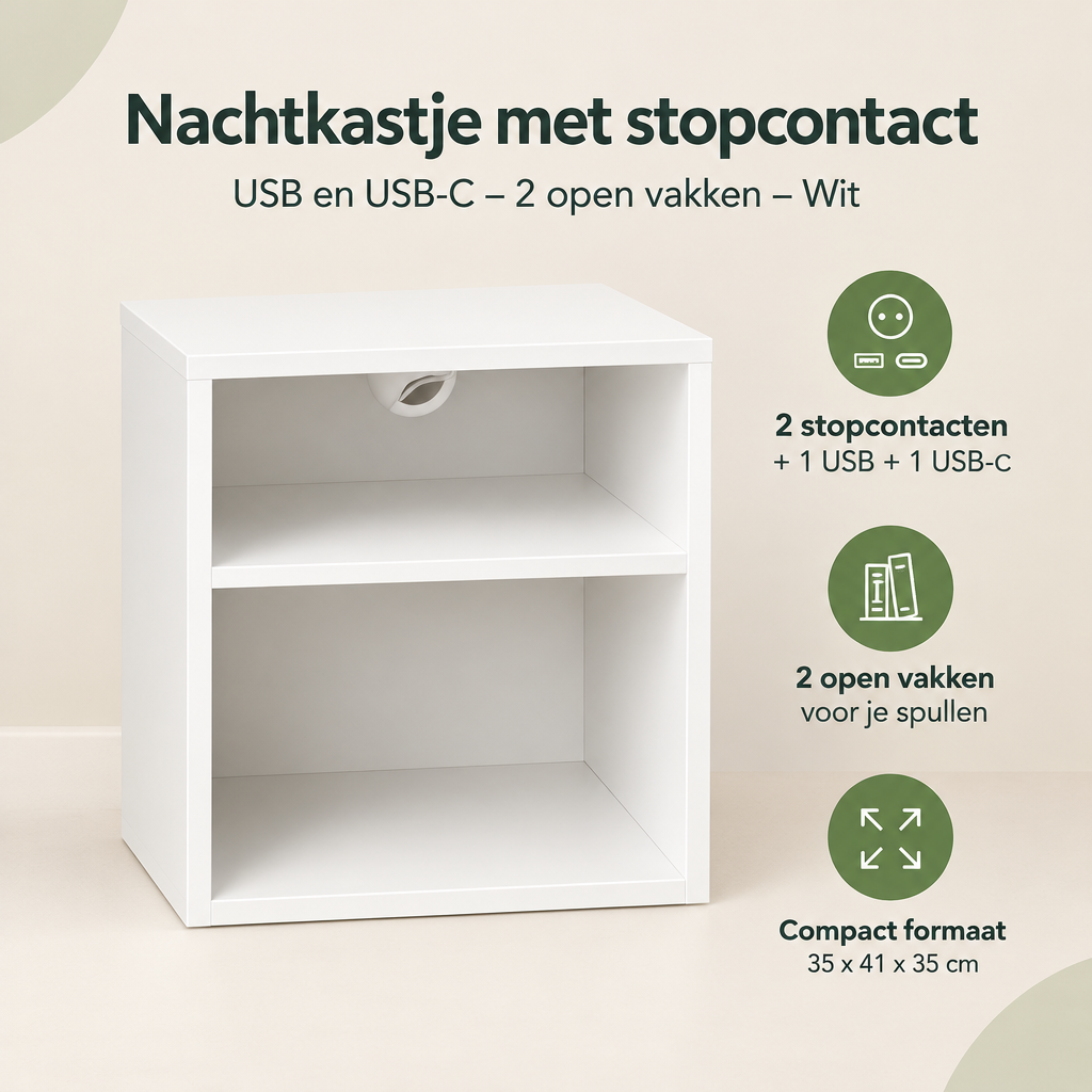 Overzicht van nachtkastje met stopcontact met de belangrijkste productvoordelen