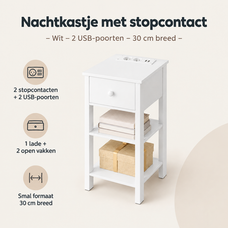 Overzicht van nachtkastje met stopcontact met de belangrijkste productvoordelen