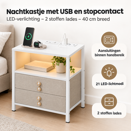 Nachtkastje BukkitBow met USB-poort, stopcontact, LED-verlichting en twee stoffen laden, 40 cm breed, modern design.