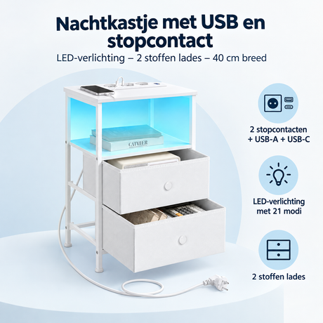 Nachtkastje met USB-poort en stopcontact, LED-verlichting en twee stoffen laden, 40 cm breed, van BukkitBow.