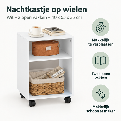 Wit nachtkastje op wielen van BukkitBow met twee open vakken en afmetingen 40x55x35 cm, flexibel en praktisch.