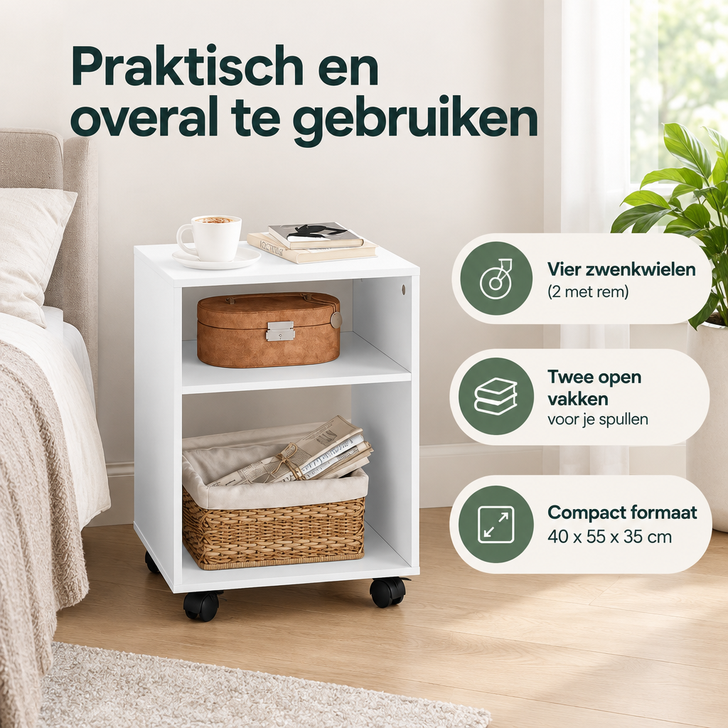 Praktische toepassing en keuzehulp voor nachtkastje op wielen