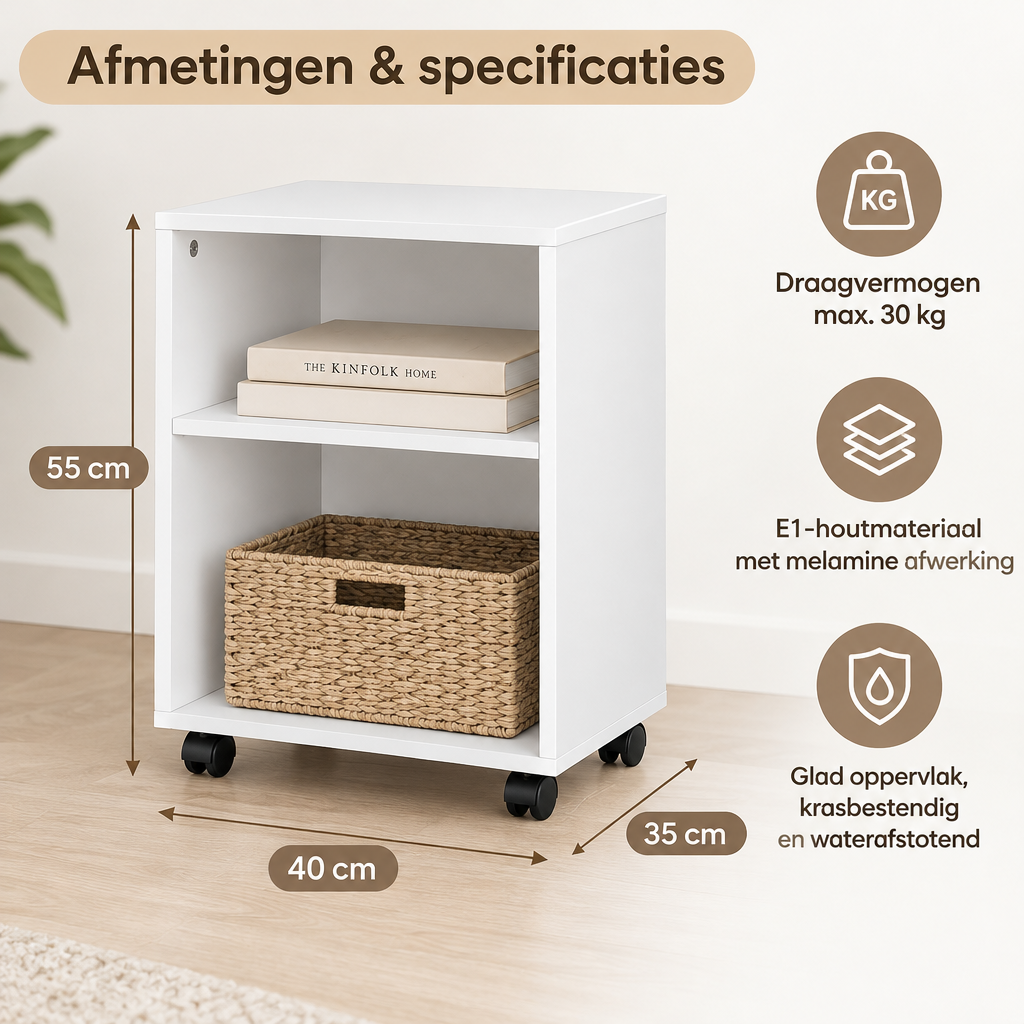 Afmetingen en productspecificaties van nachtkastje op wielen