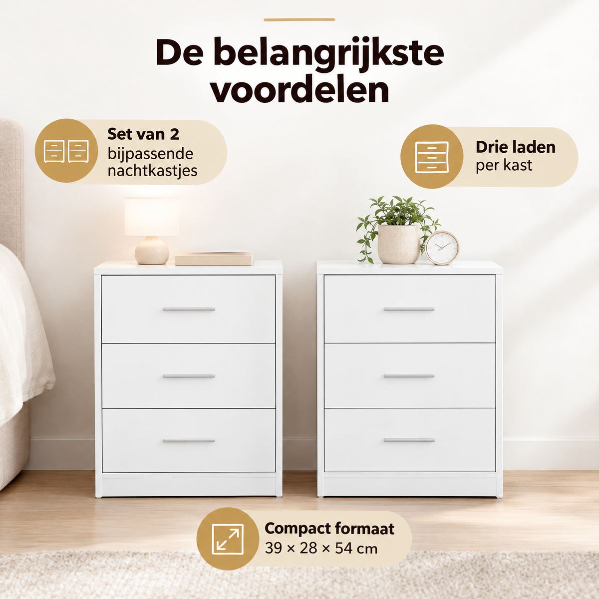 Belangrijkste voordelen en eigenschappen van nachtkastjes set van 2