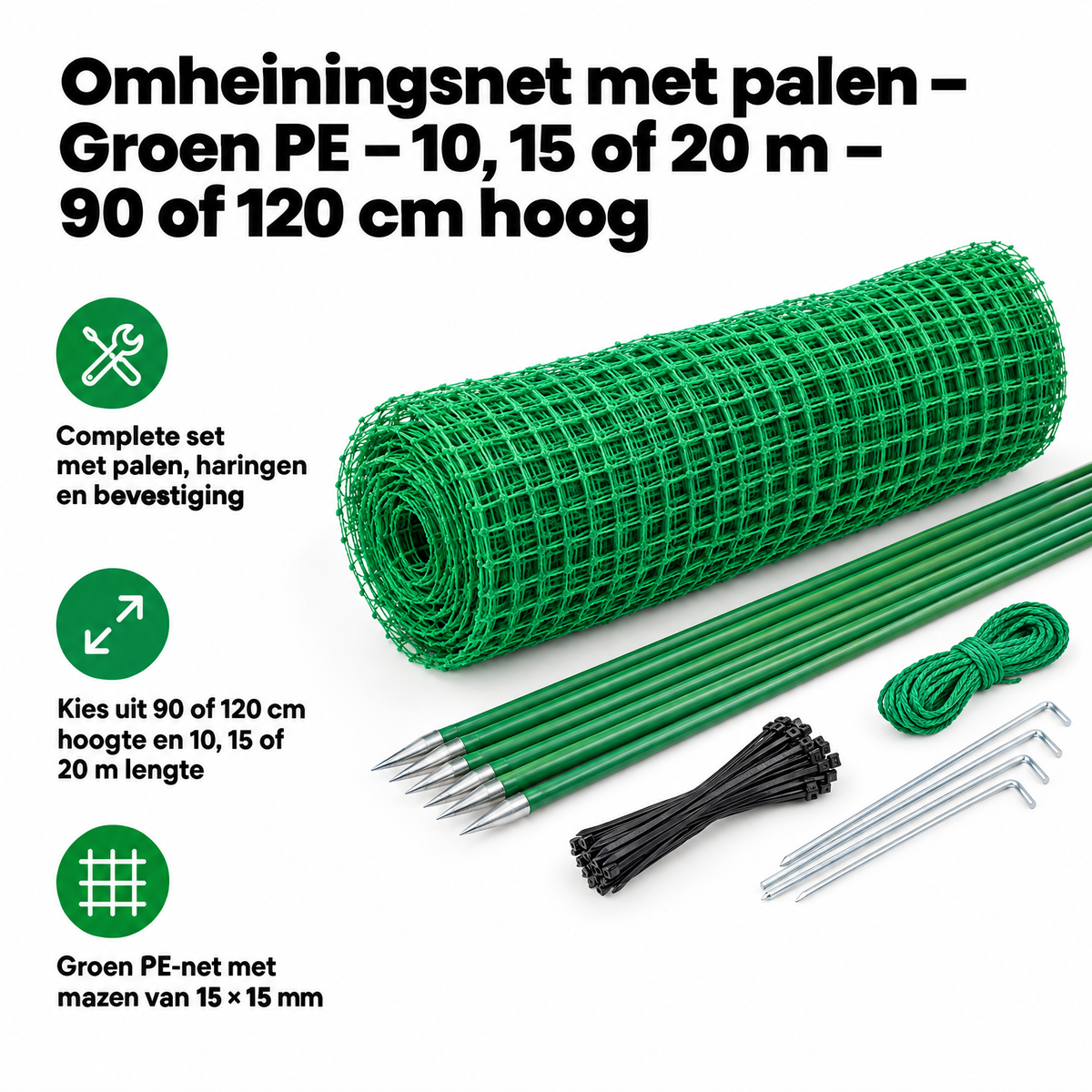 Groen BukkitBow omheiningsnet met palen, 10, 15 of 20 m lang, 90 of 120 cm hoog, voor tuinbeveiliging en afbakening
