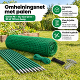 Groen BukkitBow omheiningsnet met palen, 10, 15 of 20 m lang en 90 of 120 cm hoog, geschikt voor tuinafsluiting.