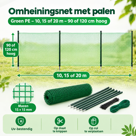 Groen BukkitBow omheiningsnet met palen, 10, 15 of 20 m lang, 90 of 120 cm hoog, geschikt voor tuinomheining.