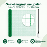 Groen BukkitBow omheiningsnet met palen, 10, 15 of 20 m lang, 90 of 120 cm hoog, voor tuinbeveiliging of afrastering.