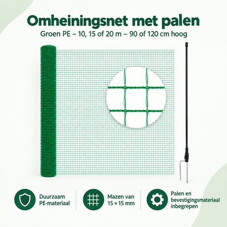 Groen BukkitBow omheiningsnet met palen, 10, 15 of 20 m lang, 90 of 120 cm hoog, voor tuinbeveiliging of afrastering.