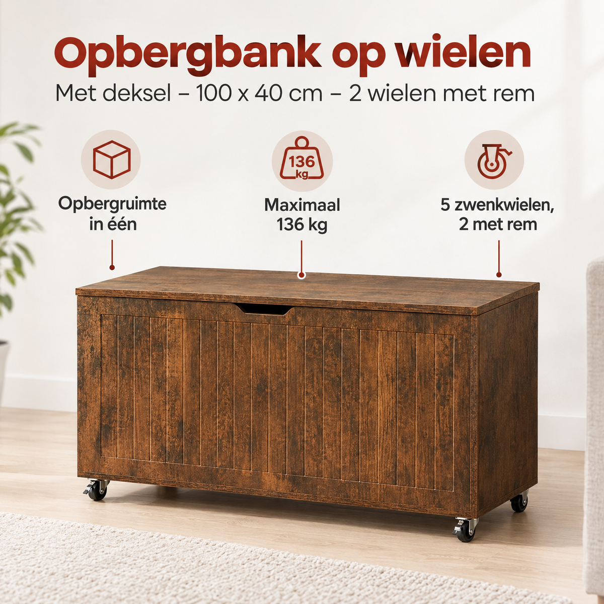 BukkitBow opbergbank op wielen met deksel, 100x40 cm, twee wielen met rem voor gemakkelijk verplaatsen en opslag.