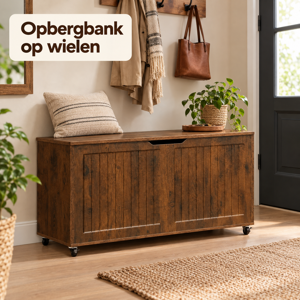BukkitBow opbergbank op wielen met deksel, 100x40 cm, inclusief twee wielen met rem, ideaal voor opslag en organisatie