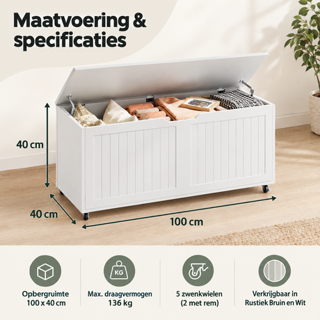 BukkitBow opbergbank op wielen met deksel, 100x40 cm, inclusief twee wielen met rem, ideaal voor opbergruimte en organisatie.
