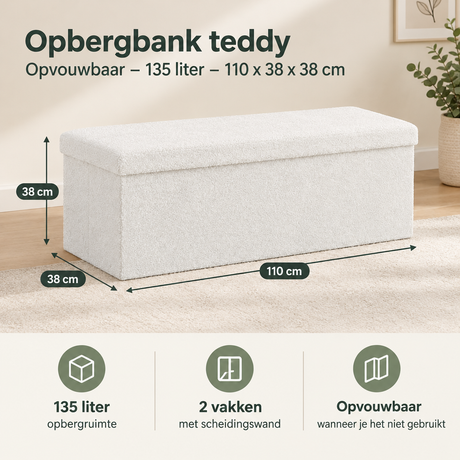 BukkitBow Teddy opbergbank, opvouwbaar met 135 liter inhoud, afmetingen 110 x 38 x 38 cm, geschikt voor opslag en zitcomfort.