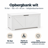 Witte BukkitBow opbergbank met veiligheidscharnieren, 76 liter inhoud, afmetingen 100x47x40 cm, stevige opbergoplossing