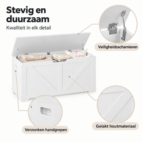 Witte BukkitBow opbergbank met veiligheidsscharnieren, 76 liter inhoud, afmetingen 100×47×40 cm, van stevig materiaal.