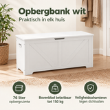 Witte BukkitBow opbergbank met veiligheidsscharnieren, 76 liter opbergruimte, afmetingen 100×47×40 cm.