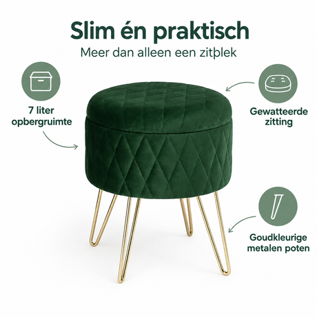 Ronde fluwelen opbergpoef van BukkitBow met goudkleurige poten, afmetingen 31,5 x 31,5 x 36 cm, geschikt voor opslag en decoratie.