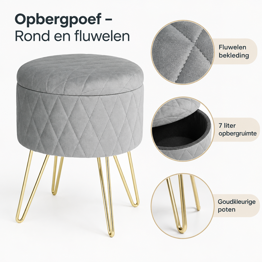 Ronde fluwelen opbergpoef van BukkitBow met goudkleurige poten, afmetingen 31,5 x 31,5 x 36 cm, detail van het materiaal