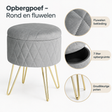 Ronde fluwelen opbergpoef van BukkitBow met goudkleurige poten, afmetingen 31,5 x 31,5 x 36 cm, detail van het materiaal