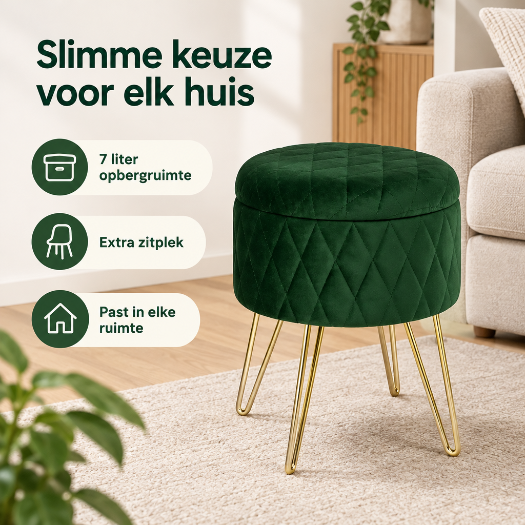 Ronde fluwelen opbergpoef van BukkitBow met goudkleurige poten, afmetingen 31,5 x 31,5 x 36 cm, functioneel en stijlvol.