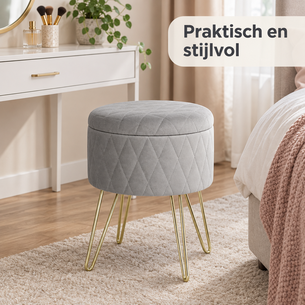 Ronde fluwelen opbergpoef met goudkleurige poten van BukkitBow, afmetingen 31,5 × 31,5 × 36 cm, in een interieur.