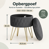 Ronde, fluwelen opbergpoef van BukkitBow met goudkleurige poten, afmetingen 31,5x31,5x36 cm, geschikt voor opslag en decoratie