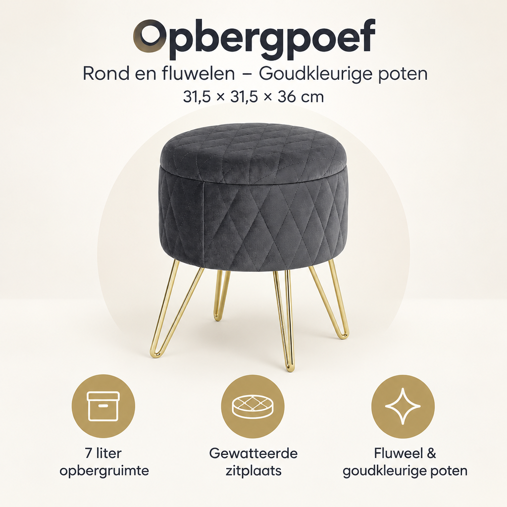 Ronde fluwelen opbergpoef van BukkitBow met goudkleurige poten, afmetingen 31,5x31,5x36 cm, multifunctioneel en stijlvol.