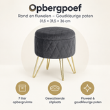 Ronde fluwelen opbergpoef van BukkitBow met goudkleurige poten, afmetingen 31,5x31,5x36 cm, multifunctioneel en stijlvol.
