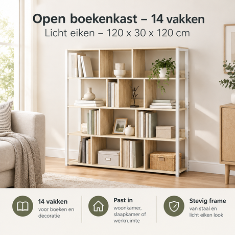 Open boekenkast van BukkitBow met 14 vakken in licht eiken, praktische opbergoplossing, afmetingen 120x30x120 cm