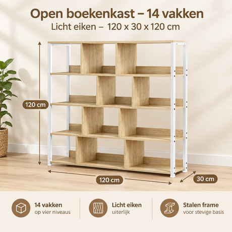 Open boekenkast van BukkitBow met 14 vakken in licht eiken, afmetingen 120x30x120 cm, open en overzichtelijk opgesteld.