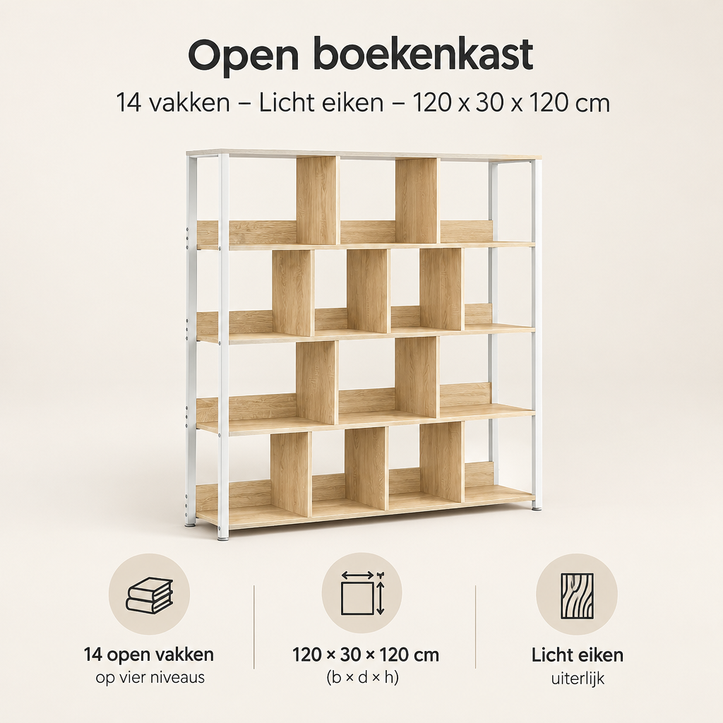 Overzicht van open boekenkast met de belangrijkste productvoordelen
