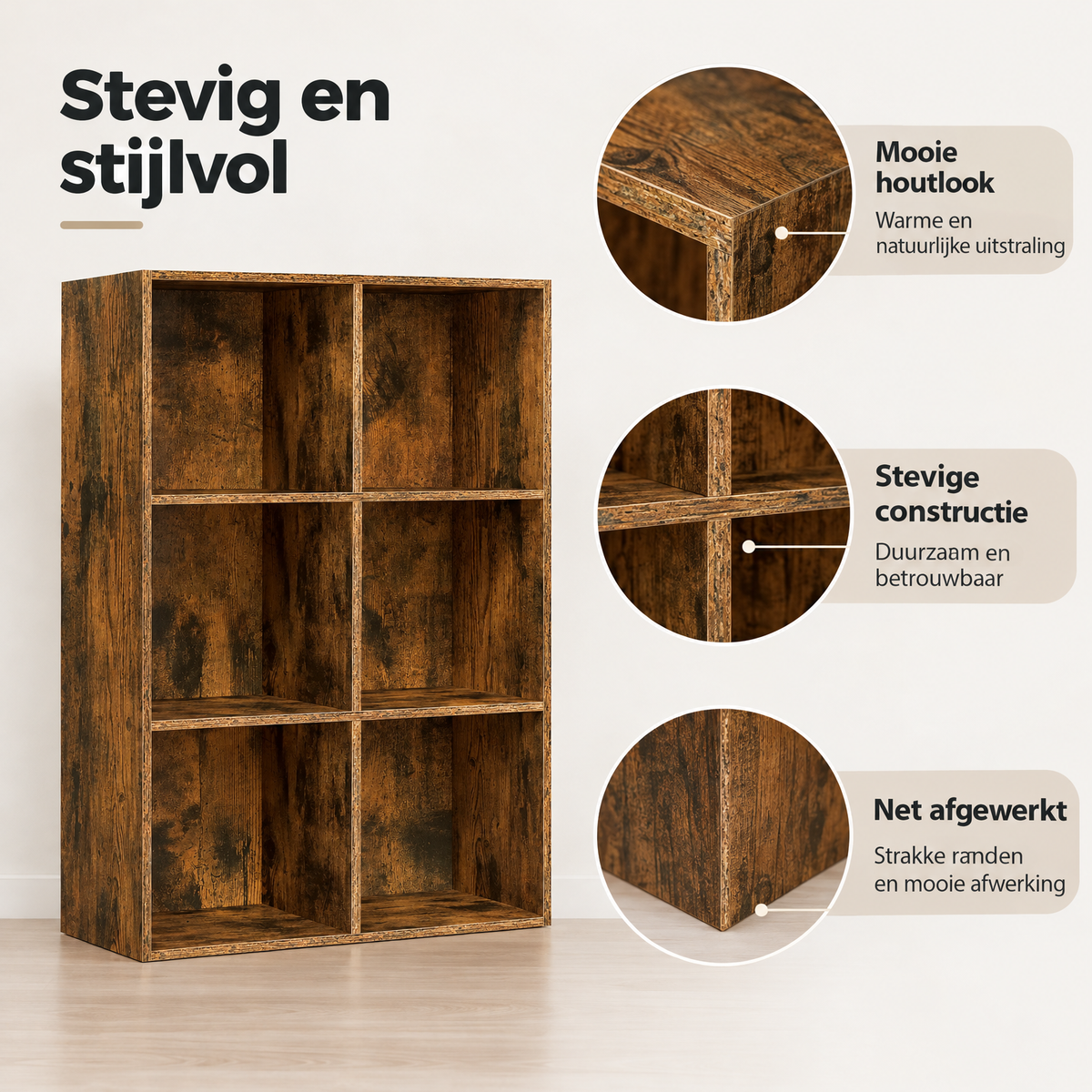 Detail van materiaal en afwerking van open vakkenkast