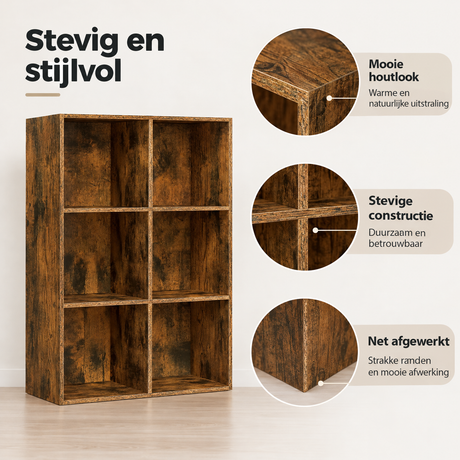 Detail van materiaal en afwerking van open vakkenkast