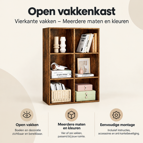 Overzicht van open vakkenkast met de belangrijkste productvoordelen
