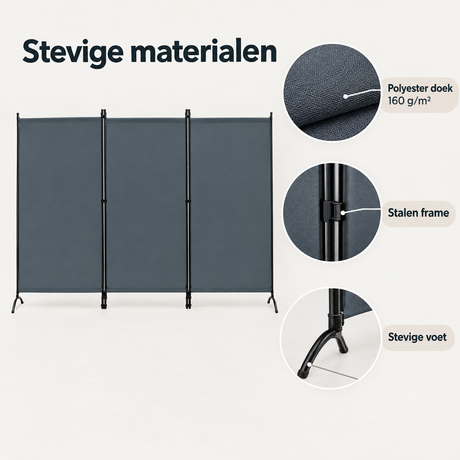 Opvouwbaar kamerscherm van BukkitBow met drie panelen en stalen frame, geschikt voor binnen en buiten, flexibel en lichtgewicht.