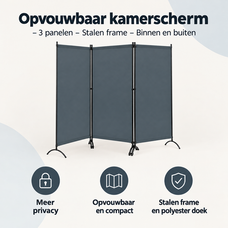 Opvouwbaar kamerscherm met 3 panelen en stalen frame, geschikt voor binnen en buiten, van BukkitBow.