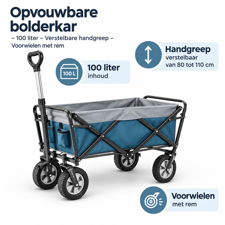 Opvouwbare BukkitBow bolderkar met 100 liter inhoud, verstelbare handgreep en voorwielen met rem voor gemakkelijk vervoer.