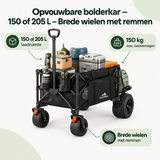 Opvouwbare BukkitBow bolderkar met 150L inhoud, brede wielen en remmen, ideaal voor vervoer en transport.