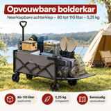 Opvouwbare bolderkar van BukkitBow met neerklapbare achterklep, 80-110 liter inhoud en lichtgewicht design, geschikt voor transport.