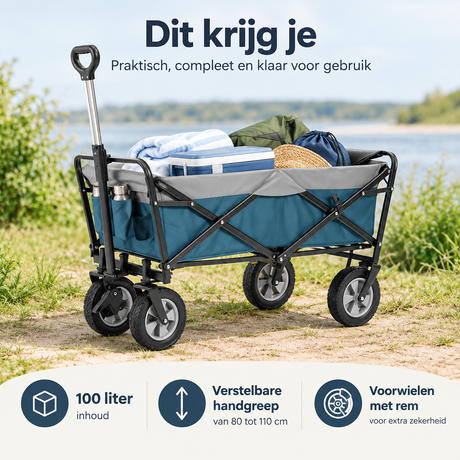 Opvouwbare BukkitBow bolderkar met 100 liter capaciteit, verstelbare handgreep en remwielen, geschikt voor transport en camping.