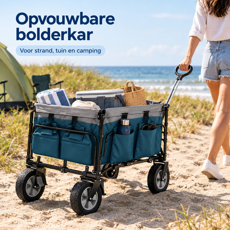 Opvouwbare BukkitBow bolderkar met 100 liter inhoud, verstelbare handgreep en voorwielen met rem, geschikt voor vervoer en transport.