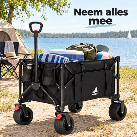 Opvouwbare BukkitBow bolderkar met 150L capaciteit, brede wielen en remmen, geschikt voor tuin en transport.