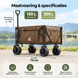 Opvouwbare BukkitBow bolderkar met brede wielen, remmen en capaciteit van 150 of 205 liter, geschikt voor transport en tuinwerk.