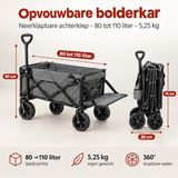Opvouwbare bolderkar van BukkitBow met neerklapbare achterklep, 80-110 liter inhoud en weegt 5,25 kg.