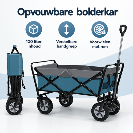 Opvouwbare bolderkar van BukkitBow met 100 liter inhoud, verstelbare handgreep en voorwielen met rem, overzicht van kernvoordelen.