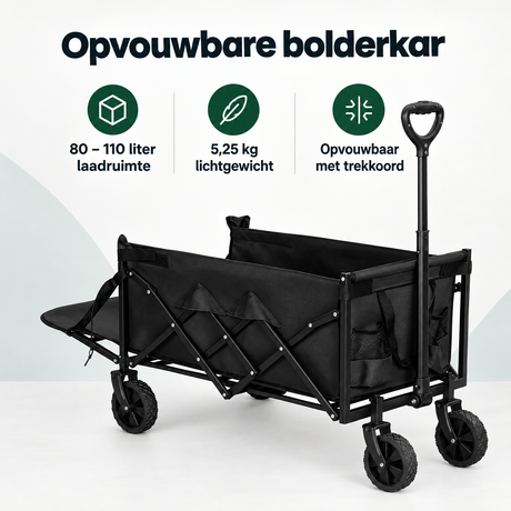 Opvouwbare BukkitBow bolderkar met neerklapbare achterklep, 80-110 liter, lichtgewicht en gemakkelijk op te vouwen voor transport.