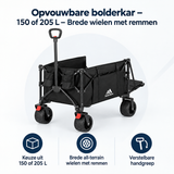 Opvouwbare BukkitBow bolderkar met brede wielen en remmen, 150 of 205 liter capaciteit, geschikt voor gemak en veelzijdigheid