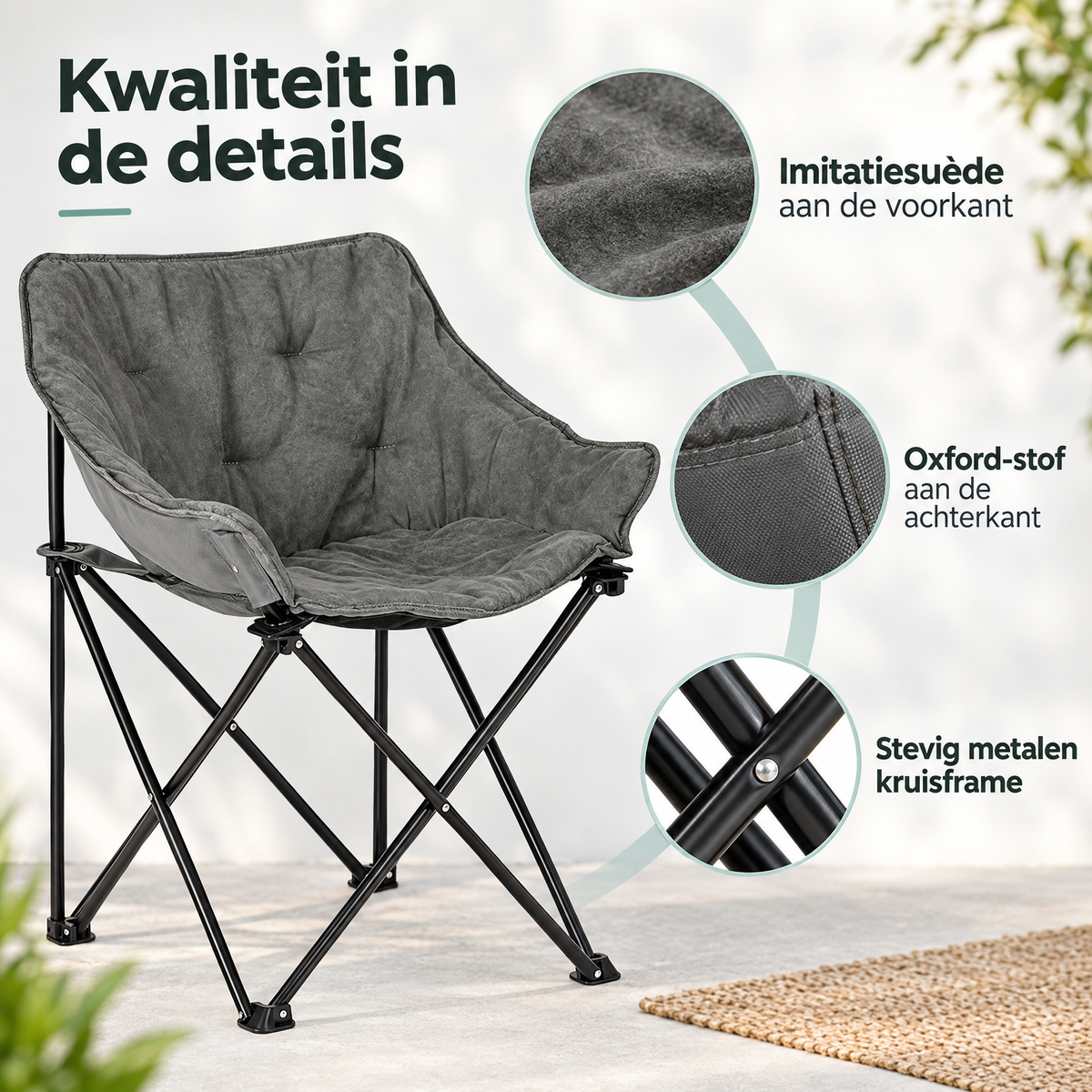 Opvouwbare campingstoel van BukkitBow met gevoerde zitting, draagtas en lichte constructie van 2,95 kg, geschikt voor kamperen.